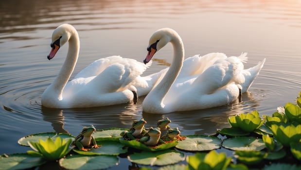 Two elegant swans gracefully swimming in a serene pond surrounded by lily pads and frogs photo