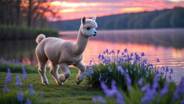 Playful alpaca running through vibrant bluebells by a serene lake at sunset, creating a tranquil scene photo