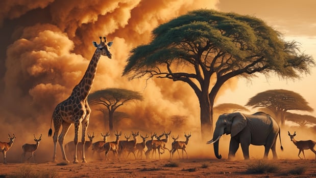 Majestic giraffe and elephant in a vibrant savannah landscape with a herd of antelope under a golden sky photo