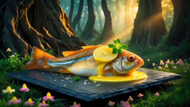 A beautifully presented fish dish with lemon and sauce on a stone platter in a serene forest setting photo