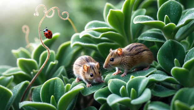 Two small striped mice exploring lush green succulent leaves with a ladybug in the background photo