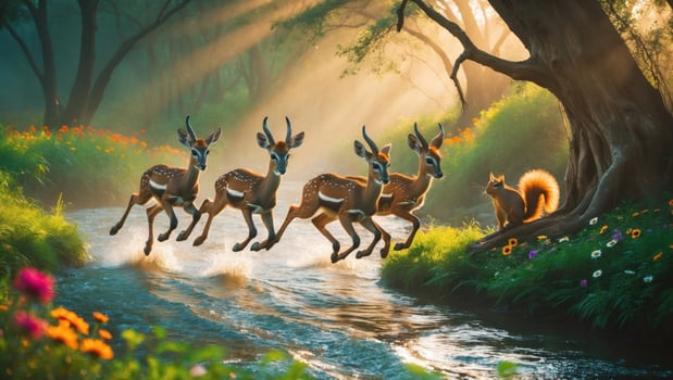 Group of antelopes gracefully leaping over a serene stream in a vibrant forest with sunlight filtering through photo
