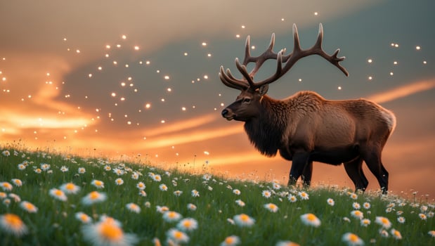 Majestic elk standing in a flower-filled meadow at sunset, with glowing particles in the background photo