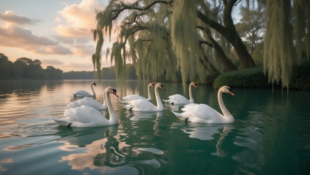 Serene scene of swans gliding on a tranquil lake surrounded by lush greenery at sunset photo
