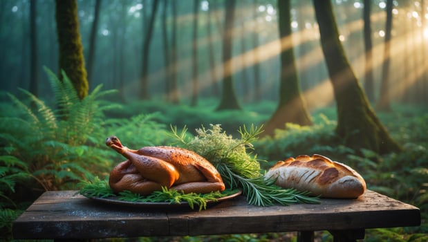 A beautifully arranged roast turkey and fresh bread on a rustic table in a serene forest setting photo