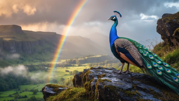 A vibrant peacock stands majestically on a rocky outcrop overlooking a lush valley with a rainbow photo