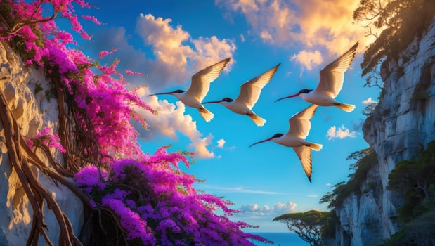 Majestic birds soaring over vibrant flowers and cliffs during a picturesque sunset by the sea photo