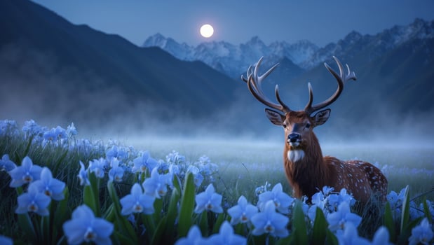 Majestic deer standing amidst blooming blue flowers under a full moon in a mountainous landscape photo