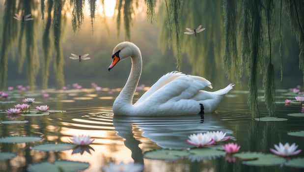 Majestic swan gliding gracefully on a serene lake surrounded by blooming water lilies at dawn photo