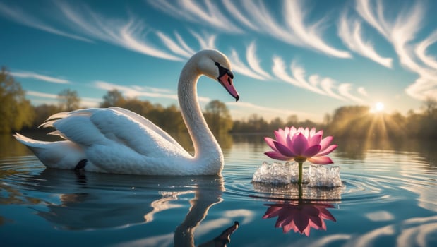 Elegant swan gliding on serene lake waters with blooming lotus flower and vibrant sunset backdrop photo