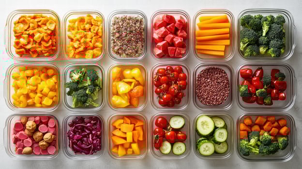 Neatly packed meal prep containers filled with colorful vegetables and fruits photo