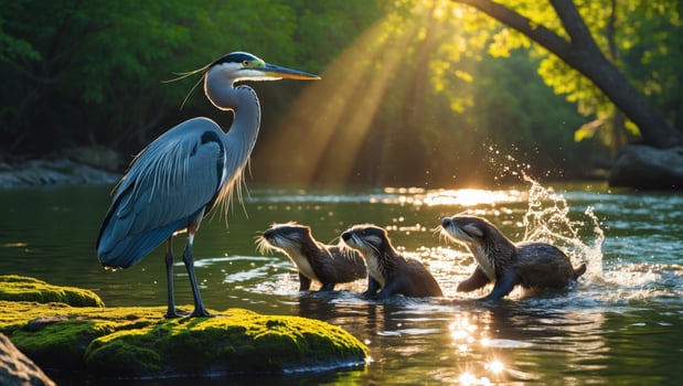 Majestic heron observing playful otters splashing in a serene river at sunset surrounded by lush greenery photo