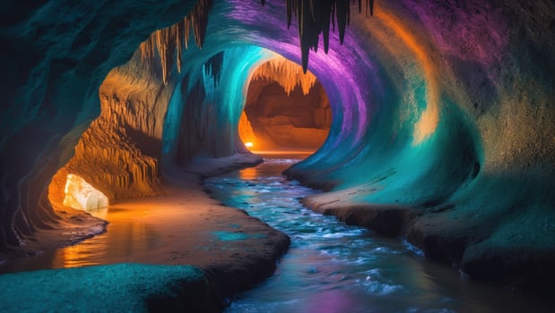 Vibrant underground cave with flowing water, illuminated stalactites, and colorful rock formations photo