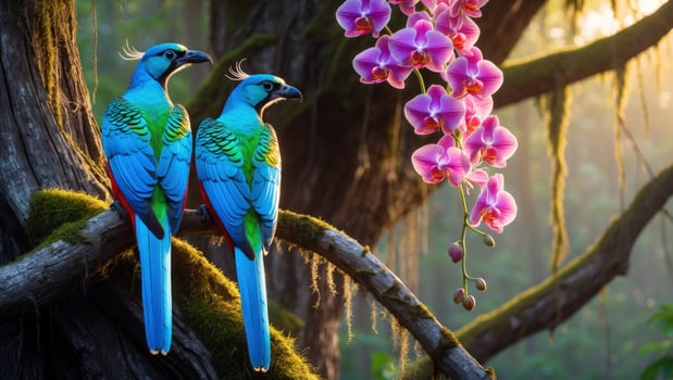 Two vibrant blue and green birds perched on a mossy branch surrounded by blooming orchids in a lush forest photo