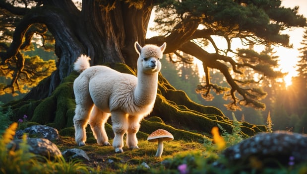 A fluffy alpaca stands beside a mushroom in a vibrant forest at sunset, surrounded by lush greenery photo