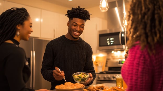 Sharing joyful meal with friends, enjoying delicious food together photo
