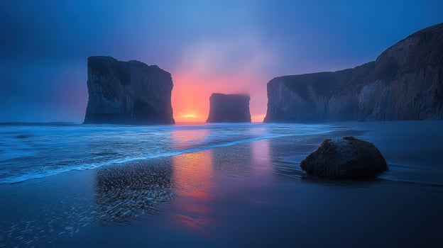serene beach at sunrise with soft waves and dramatic rock formations photo