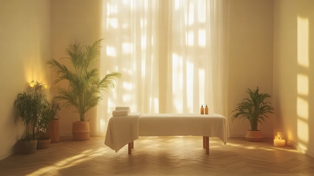 tranquil spa room featuring massage table, plants, and soft lighting photo