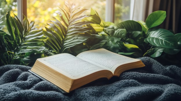 serene open book resting on cozy blanket surrounded by lush greenery photo