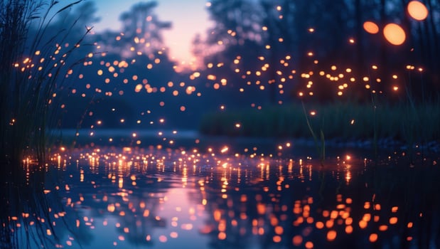 Serene twilight scene over a calm river reflecting glowing fireflies amidst lush greenery photo