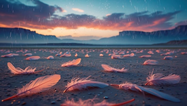 Soft pink feathers scattered across a wet surface under a colorful sunset with distant mountains photo