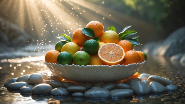 A vibrant assortment of citrus fruits displayed in a bowl on smooth stones by a serene river photo