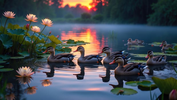 Serene sunset over a tranquil pond with ducks swimming among blooming lilies and misty reflections photo