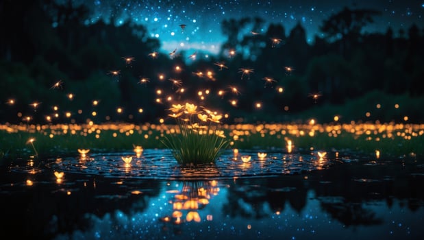Enchanted evening scene with glowing fireflies illuminating a serene pond surrounded by lush trees photo