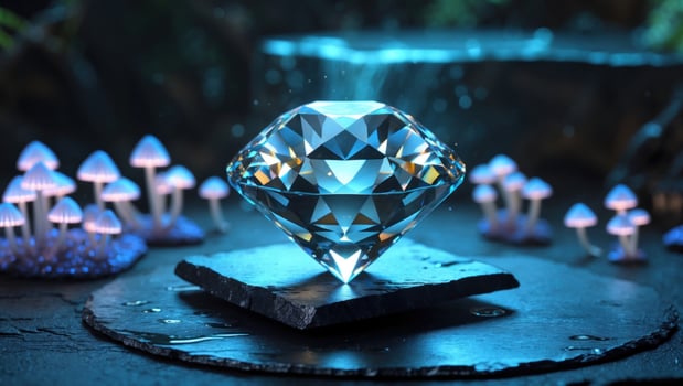 Sparkling diamond centerpiece illuminated by glowing mushrooms in a mystical forest setting photo