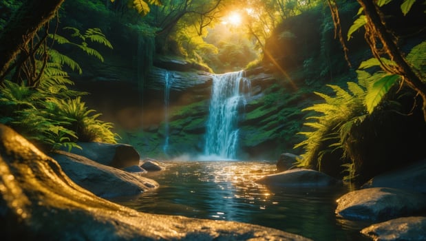 Serene waterfall cascading into a tranquil pool surrounded by lush greenery at sunrise photo