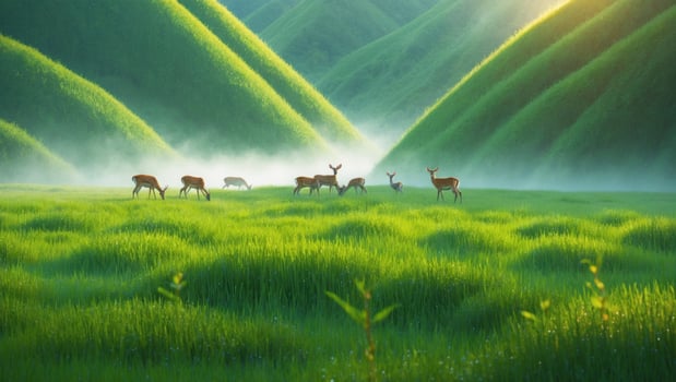 Serene scene of deer grazing in lush green hills at sunrise, surrounded by misty valleys photo