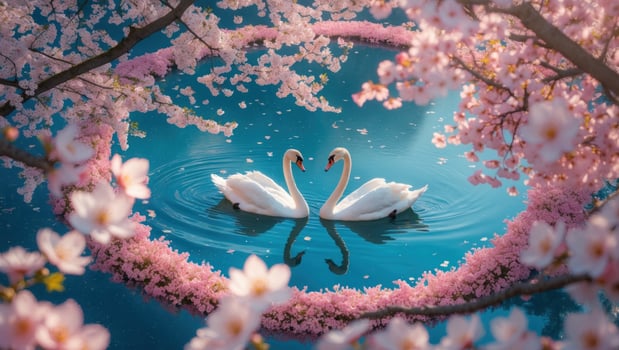 Two elegant swans gracefully swimming in a serene pond surrounded by blooming cherry blossoms photo
