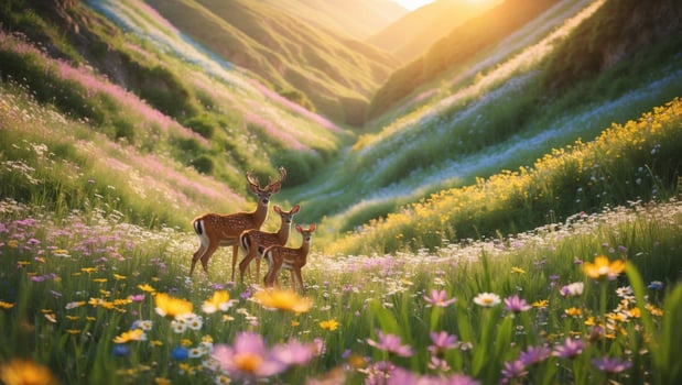 Three deer standing in a vibrant flower-filled valley at sunset, surrounded by rolling hills photo