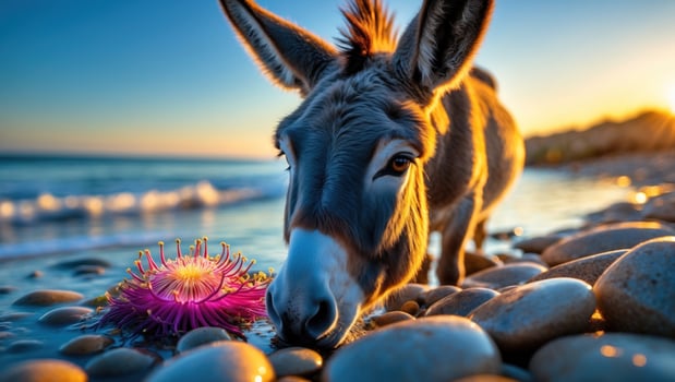 A curious donkey exploring the shoreline at sunset, discovering a vibrant sea anemone among pebbles photo