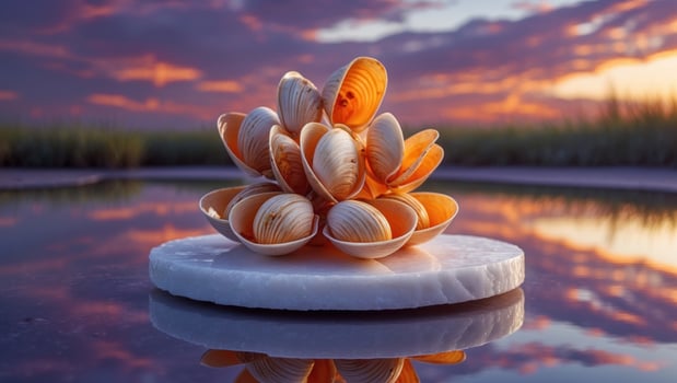 A stunning arrangement of seashells on a marble base during sunset, reflecting colors in calm water photo