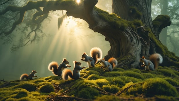 A playful gathering of squirrels around a majestic tree in a sunlit forest, showcasing nature's beauty photo