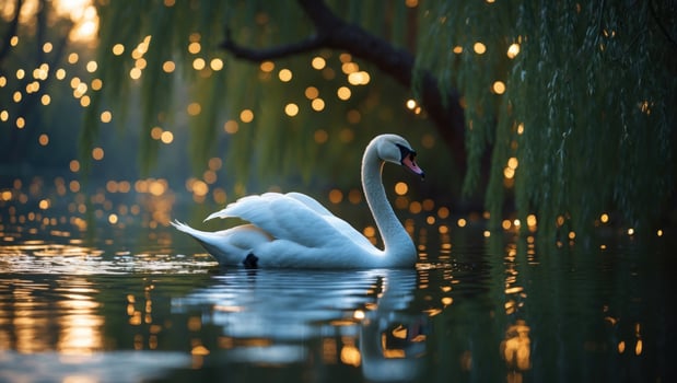 Elegant swan gliding across a tranquil lake at sunset, surrounded by shimmering lights and lush greenery photo