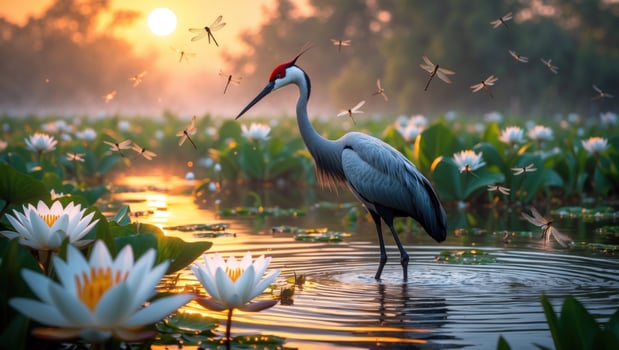 Elegant crane standing in a serene pond surrounded by blooming lilies at sunrise, dragonflies hovering photo