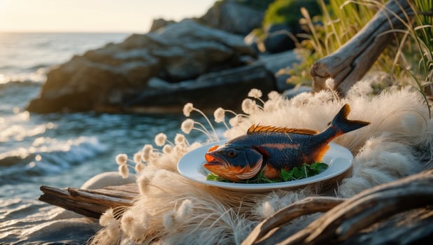 Freshly prepared fish dish garnished with greens, set on a rocky shoreline at sunset with waves photo