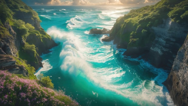 Serene coastal landscape with crashing waves and vibrant wildflowers under a dramatic sky photo