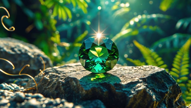 Sparkling green gemstone resting on a rock amidst lush foliage in a vibrant jungle setting photo