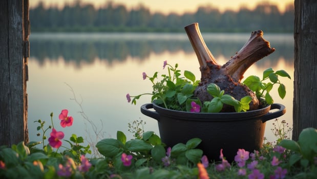 A serene lakeside scene featuring a pot with vibrant flowers and a rustic branch, reflecting tranquility photo