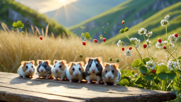 Five adorable guinea pigs standing in a lush green meadow with wildflowers and a sunset backdrop photo