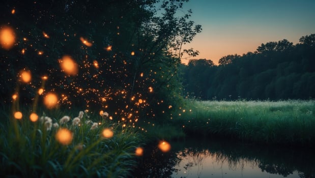 Serene twilight scene by a river with glowing fireflies illuminating the lush green landscape photo