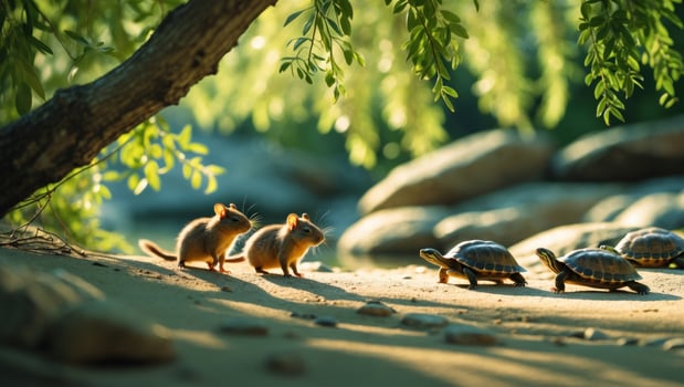 Two small rodents interact playfully near a group of turtles on a sandy riverbank surrounded by greenery photo