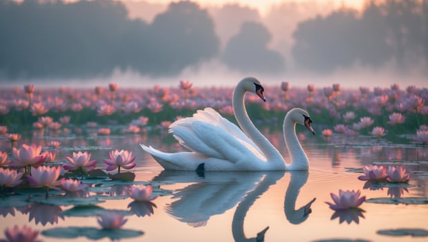 Serene swans glide gracefully through a tranquil lake surrounded by blooming pink lotuses at dawn photo