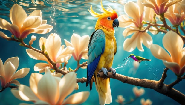 Colorful parrot perched on a branch surrounded by blooming magnolia flowers in a serene water setting photo