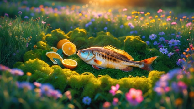 A vibrant scene featuring a freshly caught fish surrounded by oranges on a lush mossy bed in a flower-filled meadow at sunset photo