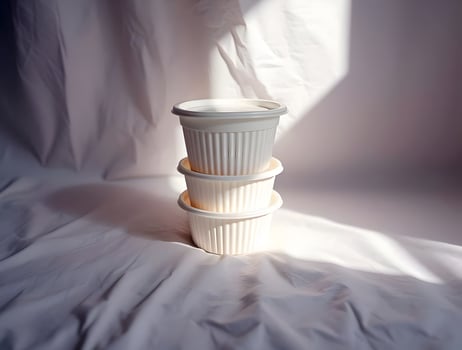 Three white cups sit on top of a white cloth photo