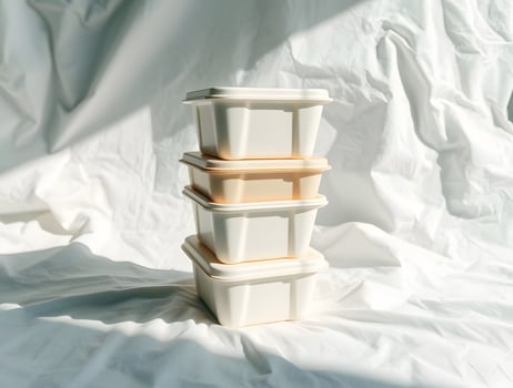 Three white plastic containers stacked on top of a white cloth photo